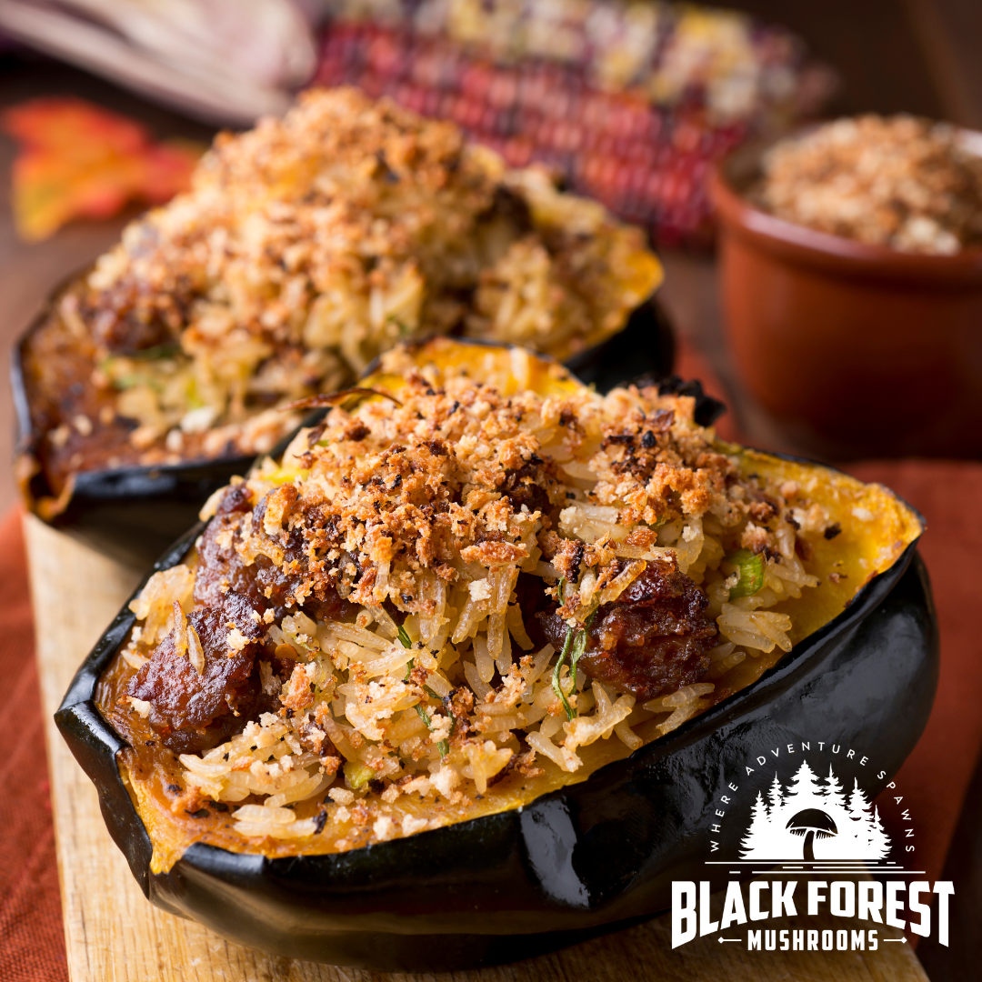 Mushroom-Stuffed Acorn Squash with Dried Wild and Blue Oyster Mushrooms