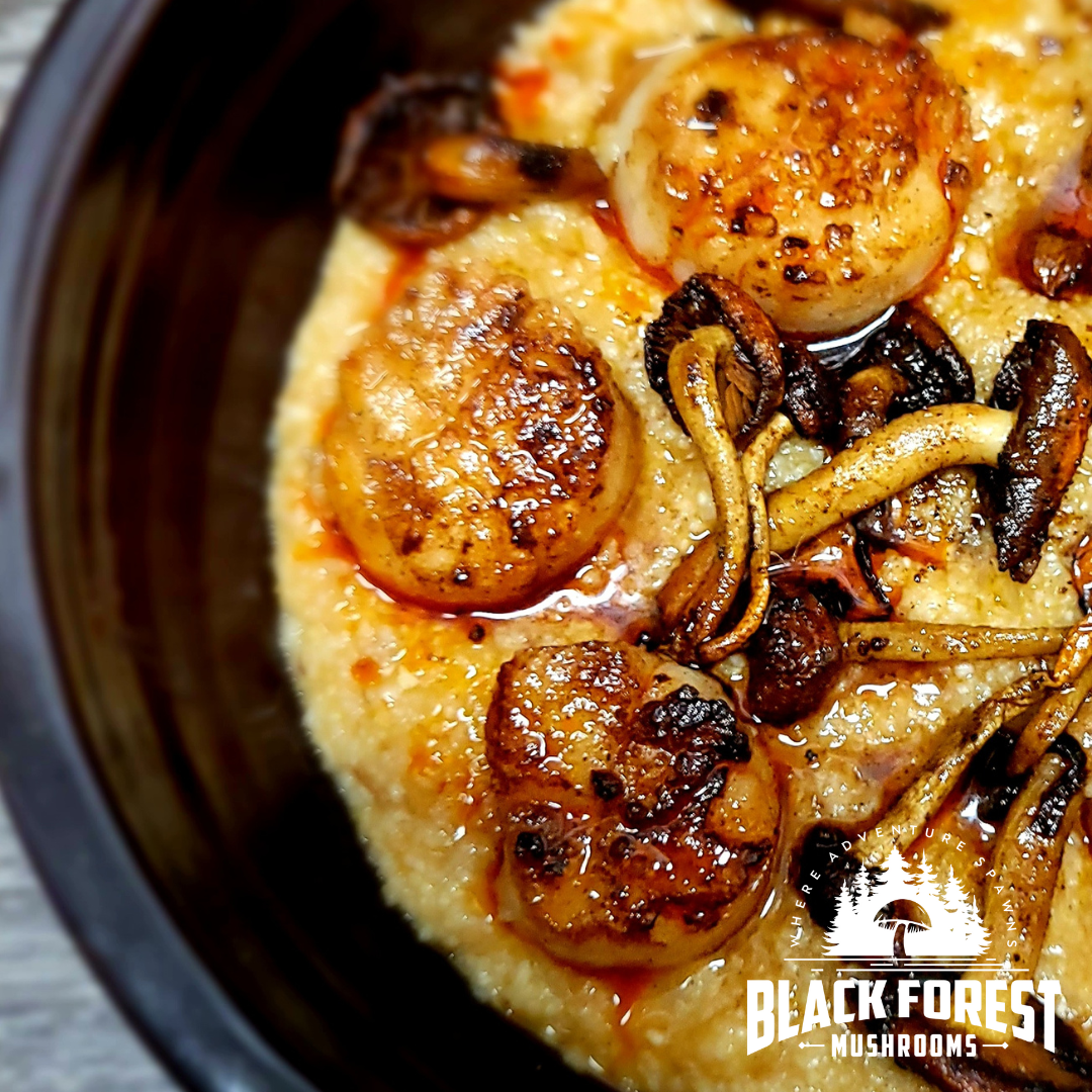 Seared Scallops and Creamy Grits with Chestnut Mushrooms