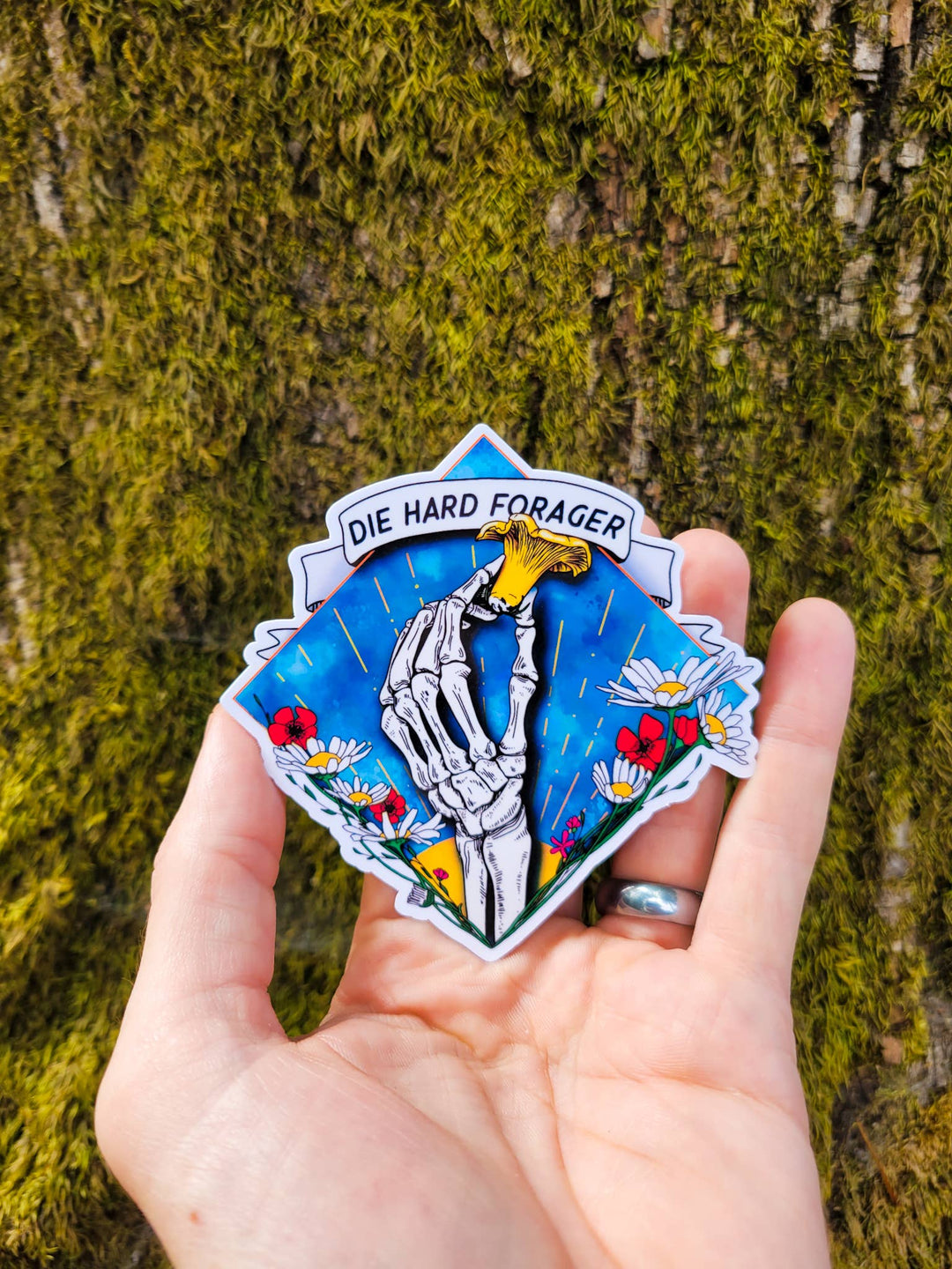 Die Hard Forager | Morbid Mushroom Sticker: Holographic Laminate