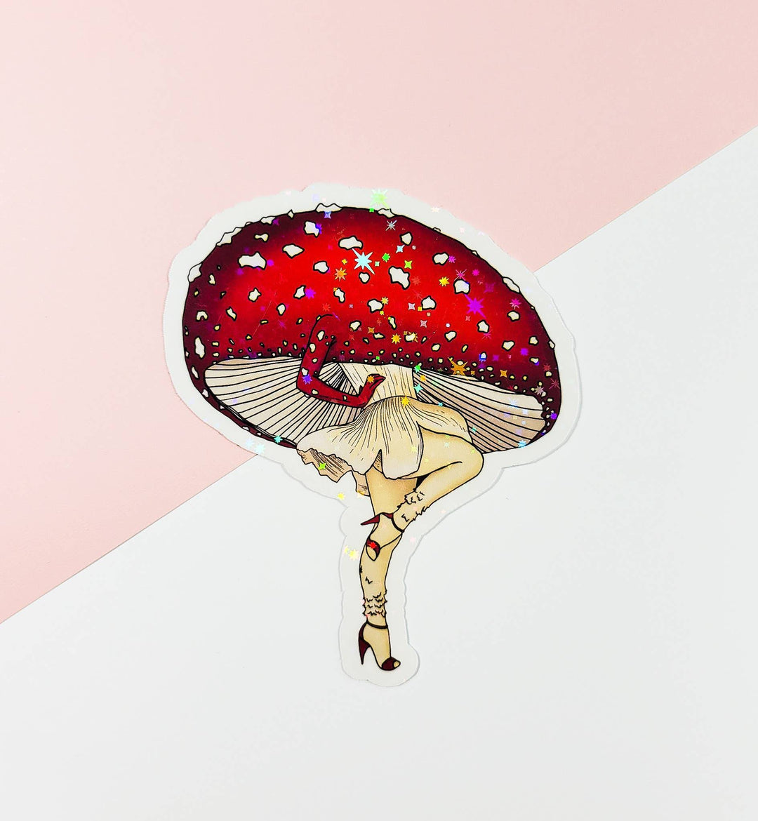 Miss Amanita | Beautiful Mushroom Pinup Girl Sticker: Holographic Laminate