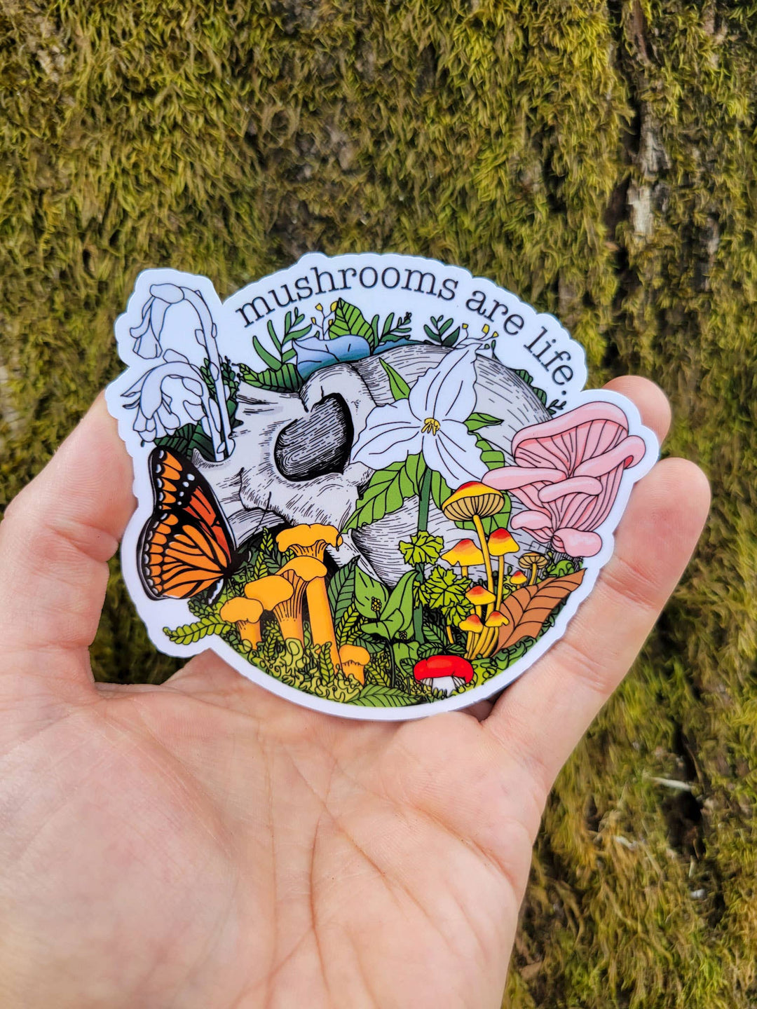 Mushrooms Are Life Sticker | Human Skull w/Flowers+Mushrooms: Clear Laminate