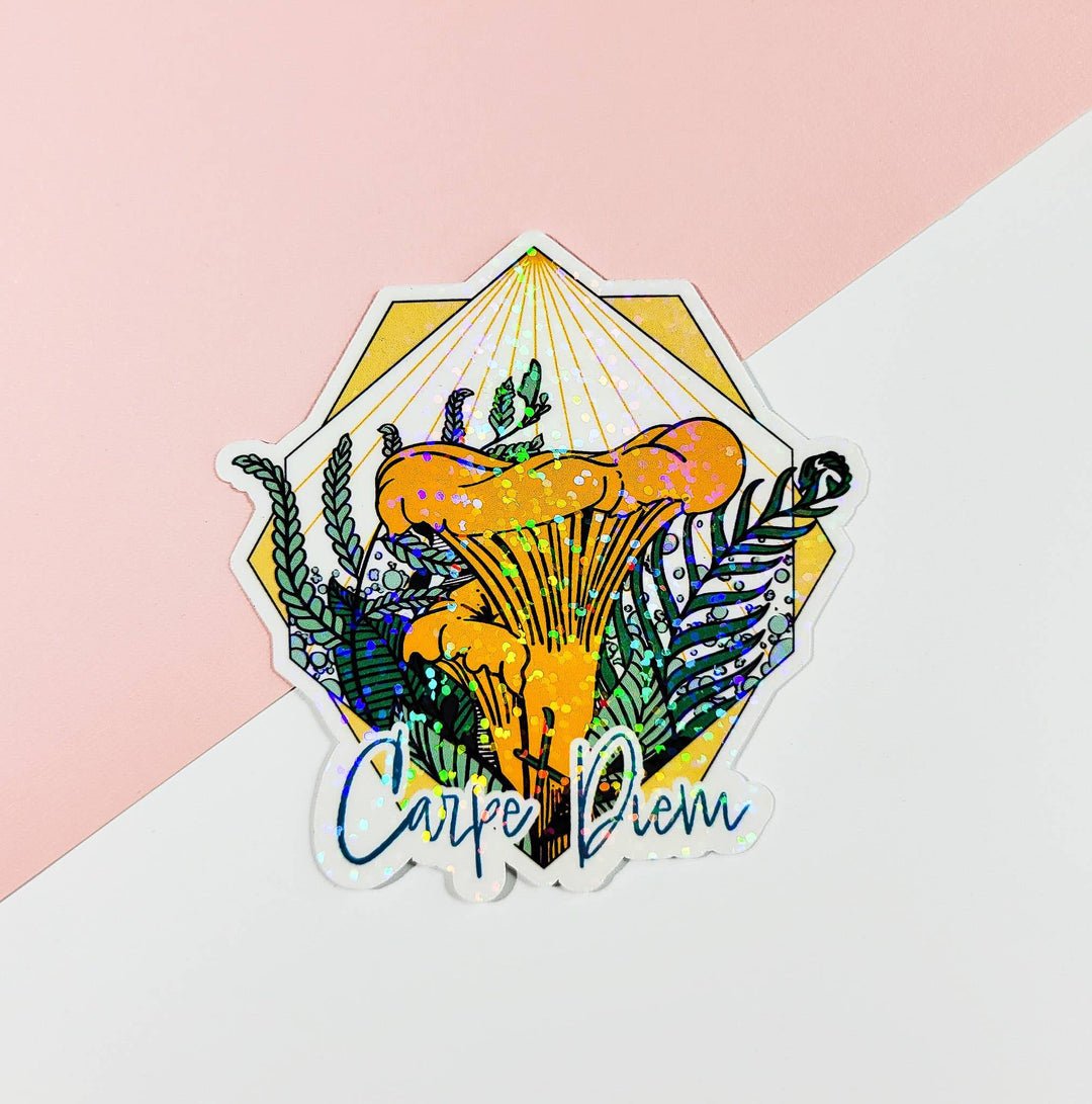 Carpe Diem Chanterelle | Cute Mushroom Sticker: Clear Laminate