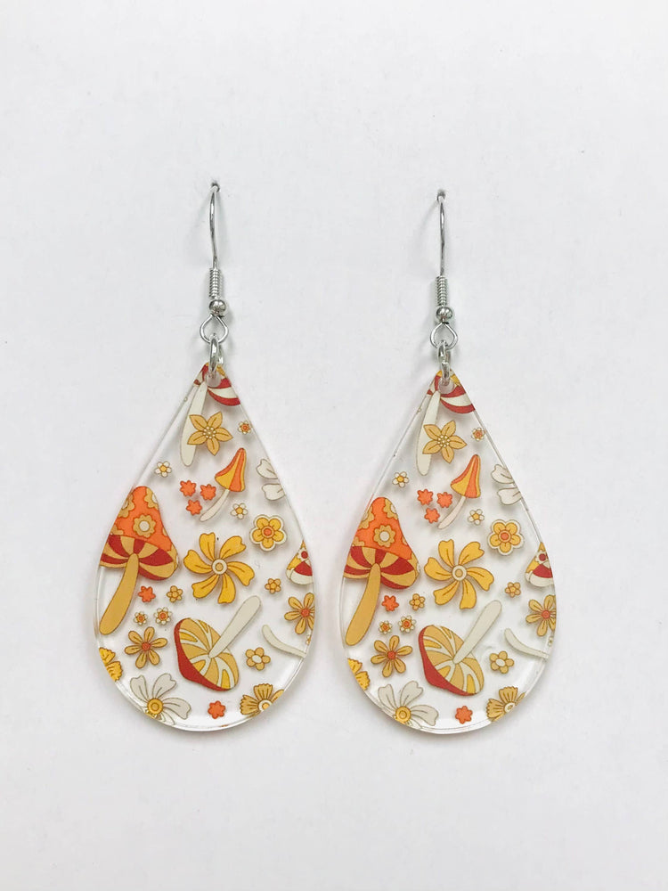 Mushroom and daisy print earrings, teardrop shape