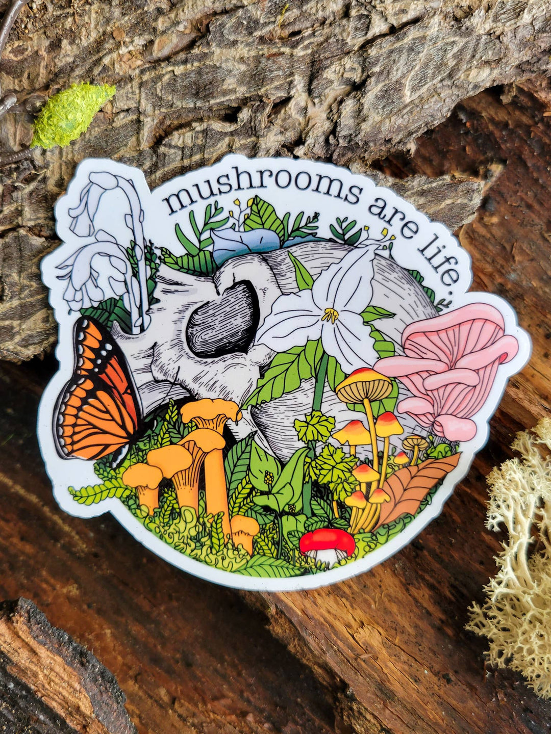 Mushrooms Are Life Sticker | Human Skull w/Flowers+Mushrooms: Clear Laminate