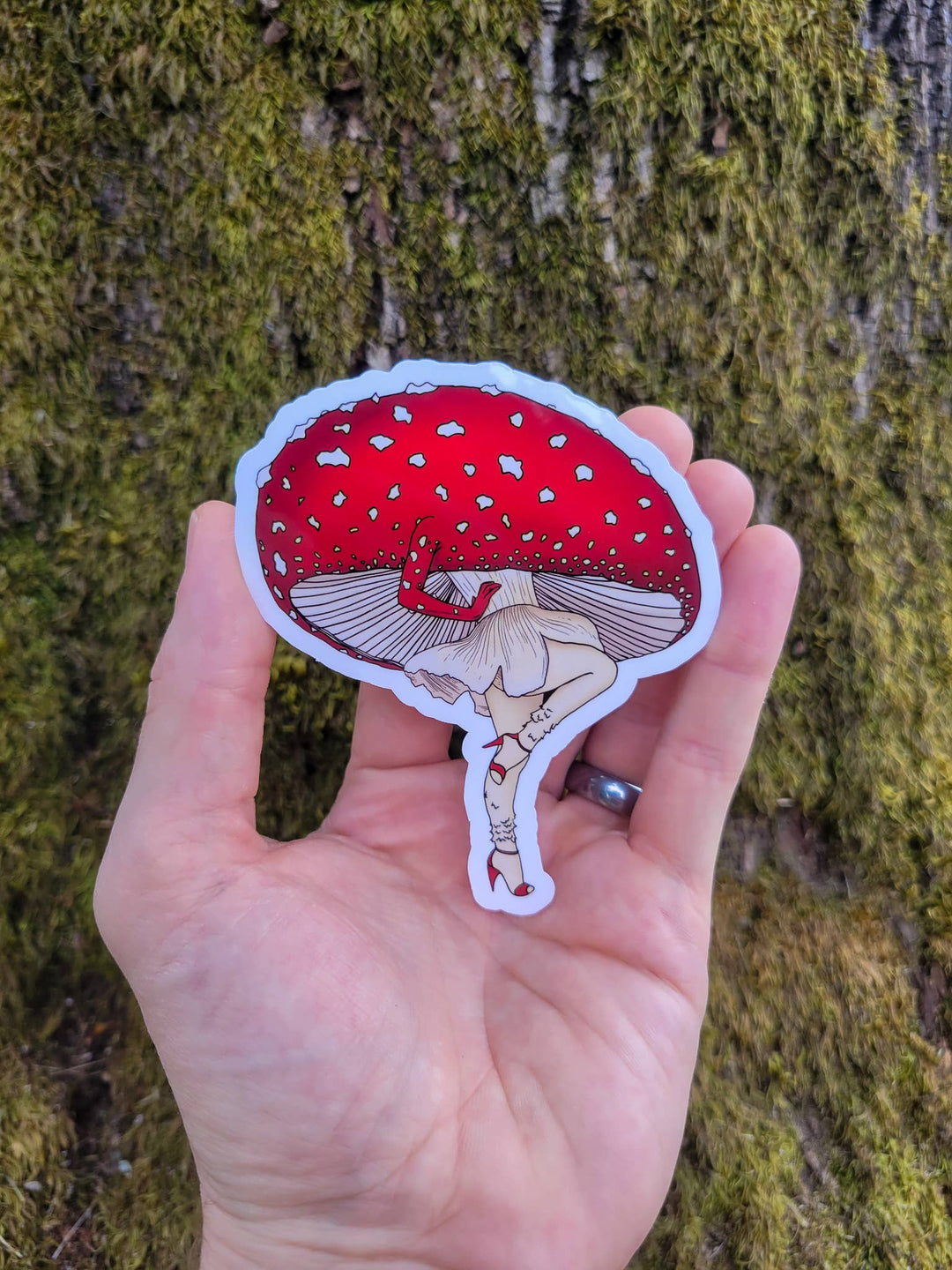 Miss Amanita | Beautiful Mushroom Pinup Girl Sticker: Holographic Laminate