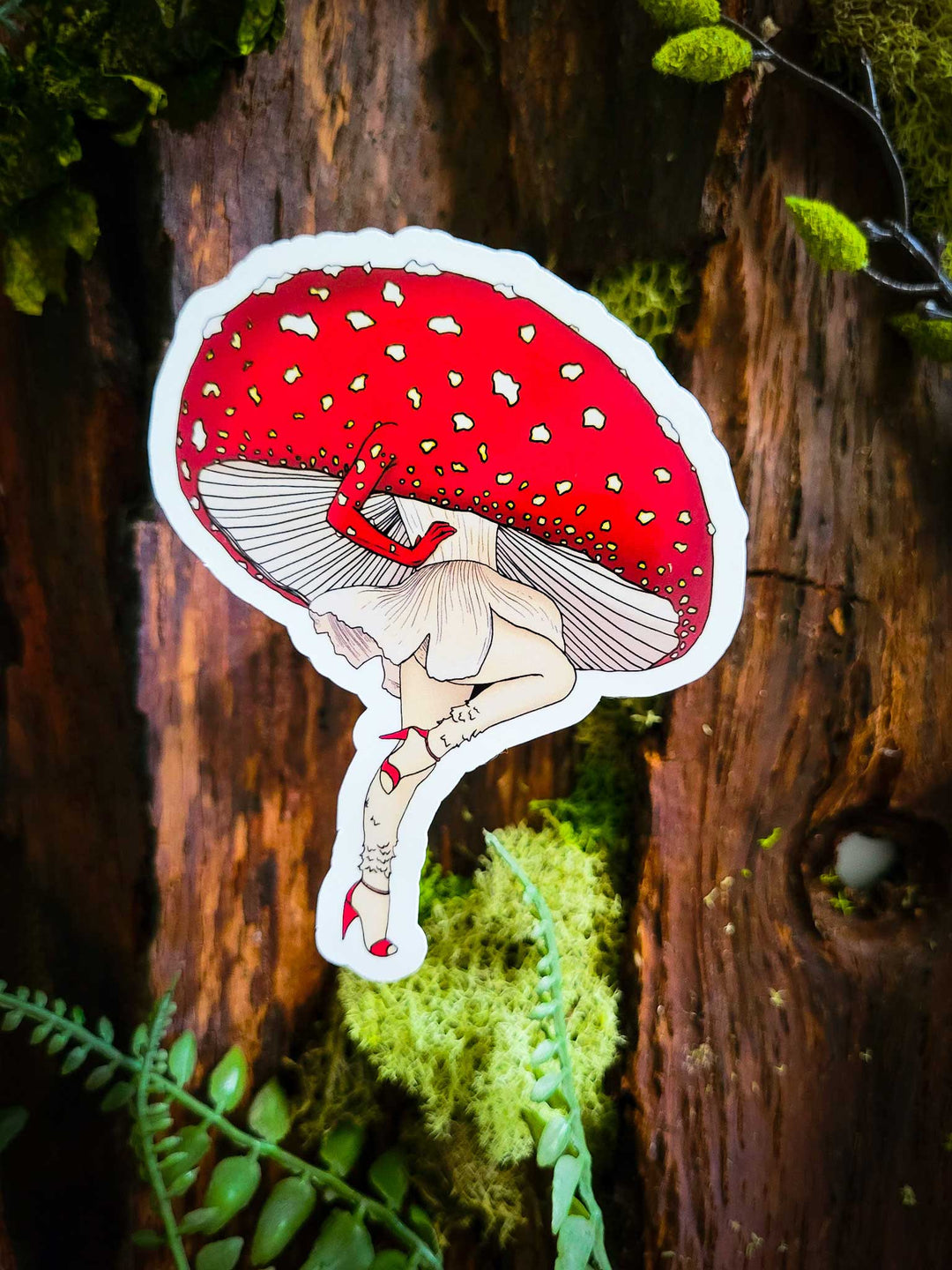 Miss Amanita | Beautiful Mushroom Pinup Girl Sticker: Clear Laminate