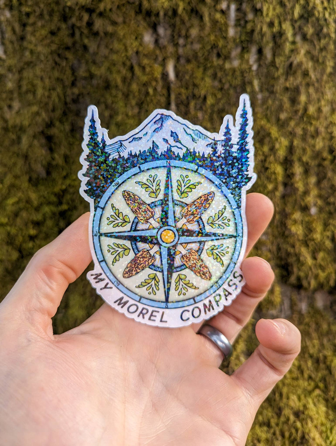 My Morel Compass | Funny Morel Mushroom Sticker: Holographic Laminate