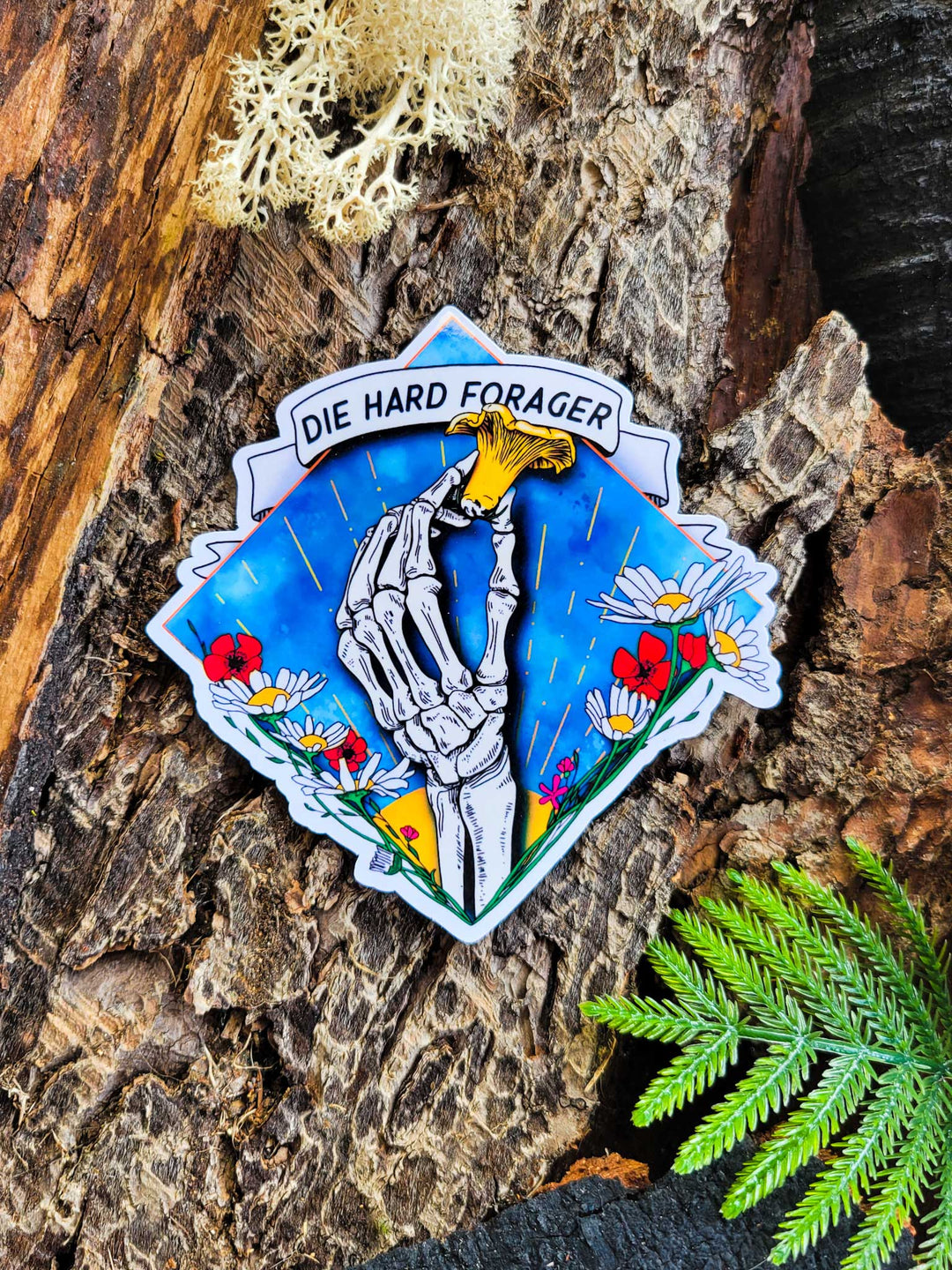 Die Hard Forager | Morbid Mushroom Sticker: Holographic Laminate