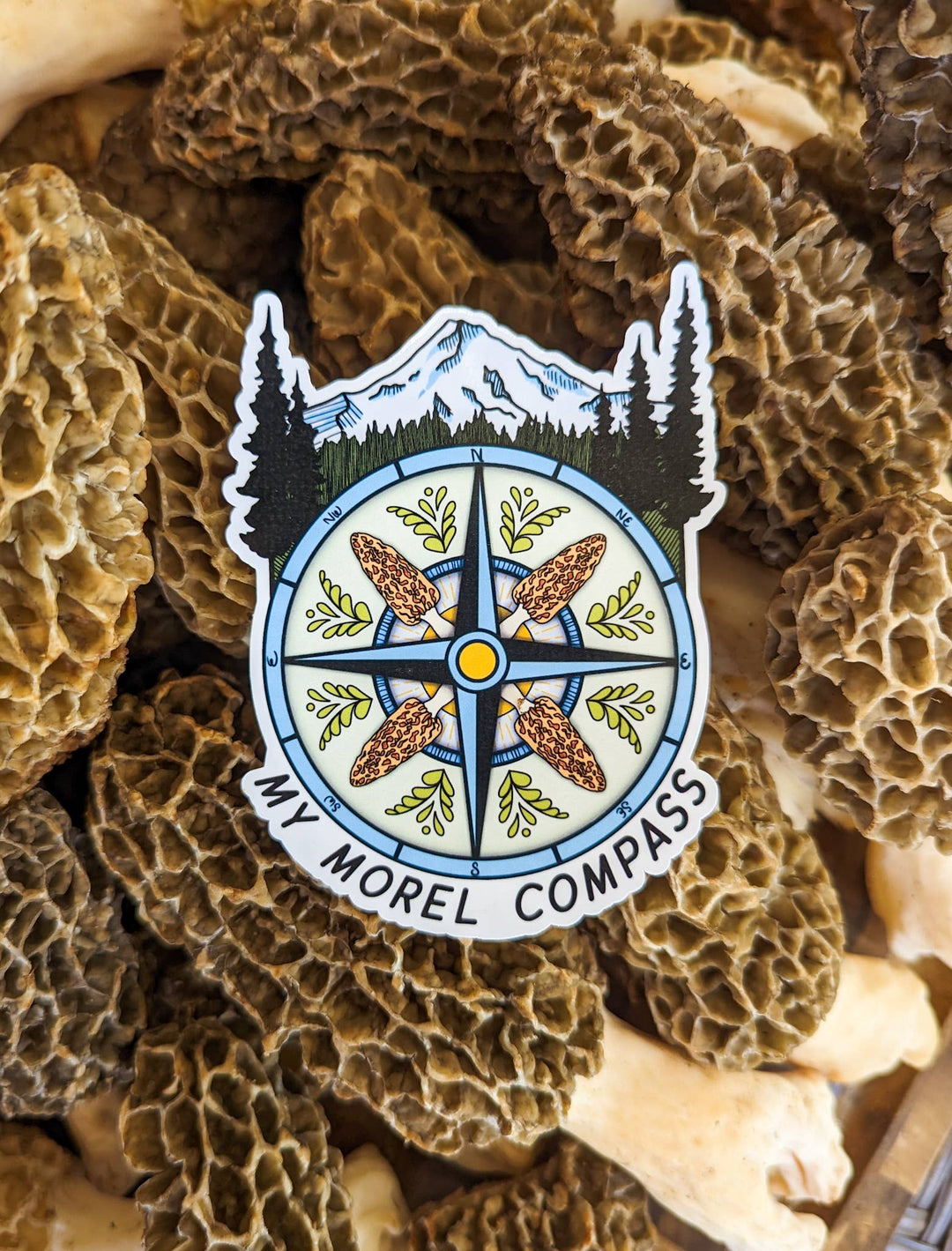 My Morel Compass | Funny Morel Mushroom Sticker: Holographic Laminate